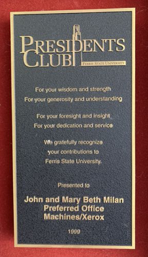 John Mary Beth Milan Preferred Office Machines Presidents Club Ferris State University Plaque Award
